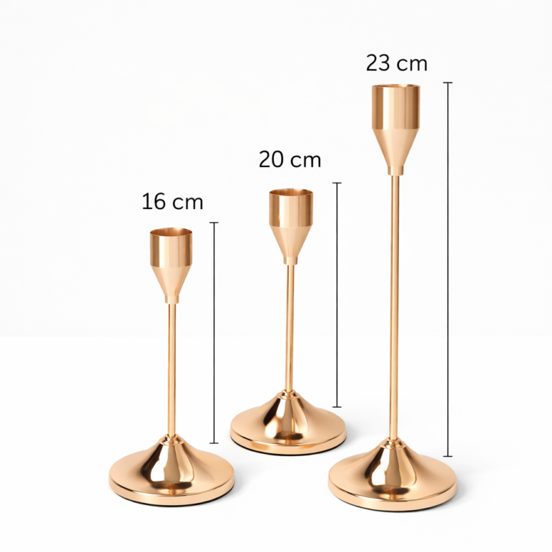 Set di 3 porta candele a forma di cono dorati (23-20-16cm)