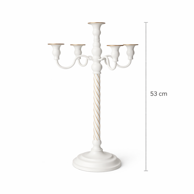 Candelabro a cinque teste. Metallo bianco h 53cm