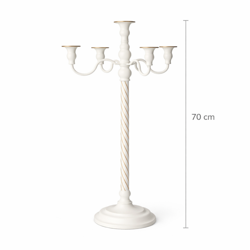Candelabro a cinque teste. Metallo bianco h 70cm
