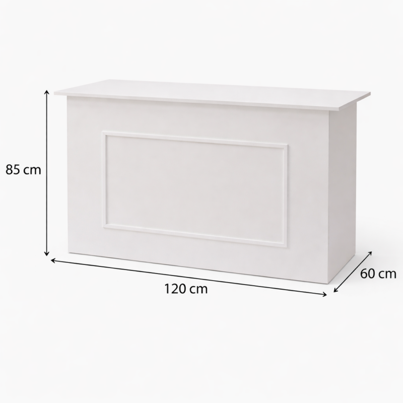 Bancone bianco per eventi. Smontabile e richiudibile. H85*L120*P60cm