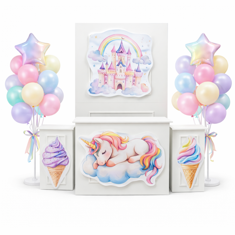 Set strutture per eventi 4pz. Bancone, backdrop, 2 colonnine
